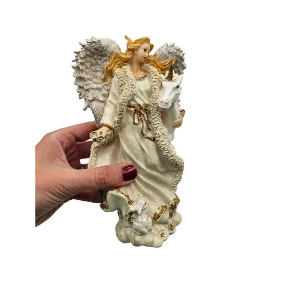 Vintage 1990s Etherial Angel with Unicorn Figurine Cream Gold Resin Y2K - Picture 7 of 7